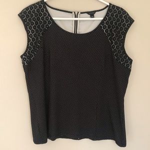ANN TAYLOR Black WHITE Polka DOT LACE Blouse Top L